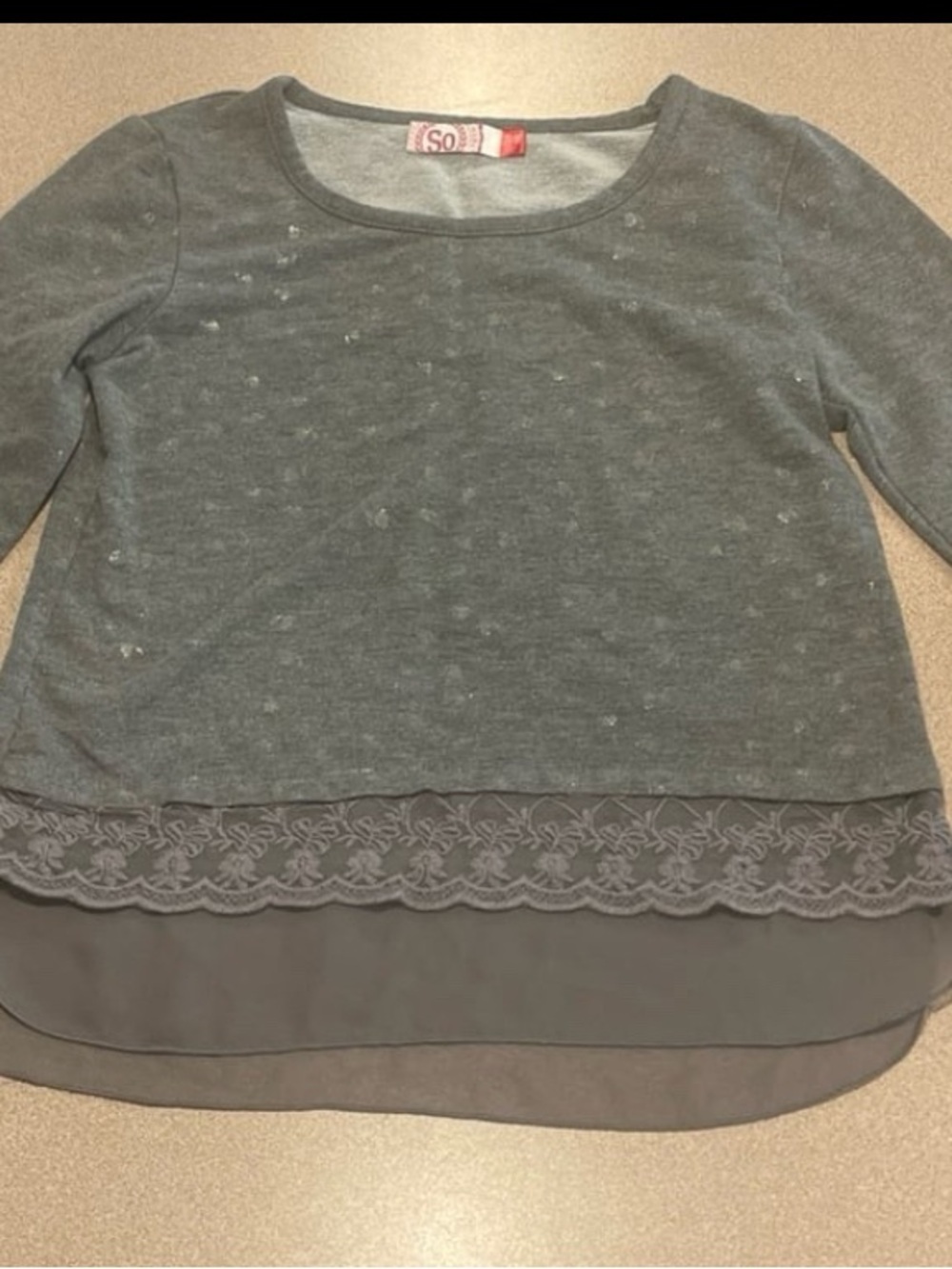 SO Gray Long Sleeve Knit Top with Lace Trim size 6/7